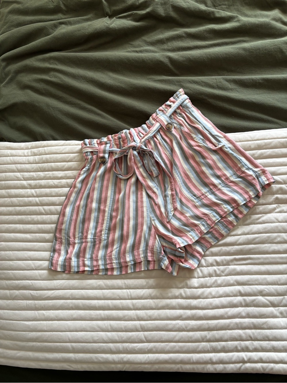American Eagle High Waist Striped Paperbag Shorts in Pink, Blue, White